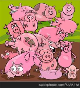 Cartoon Illustration of Pigs Farm Animal Characters Group