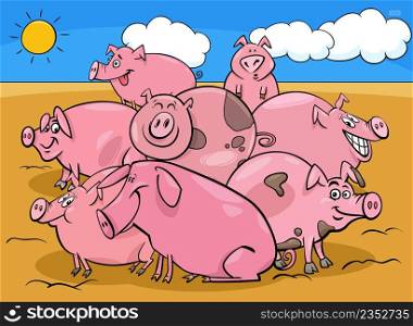 Cartoon illustration of pigs farm animal characters group in the countryside