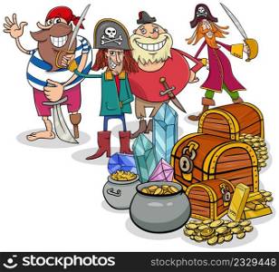 Cartoon illustration of pirates characters and treasure with gems and gold