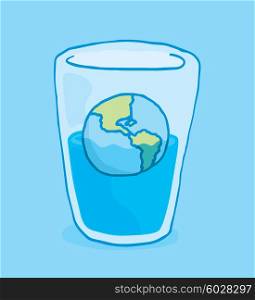 Cartoon illustration of planet earth sinking into glass of water