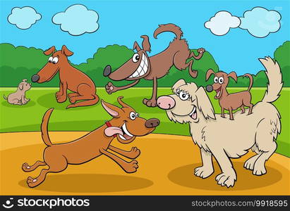 Cartoon illustration of playful dogs and puppies animal characters group