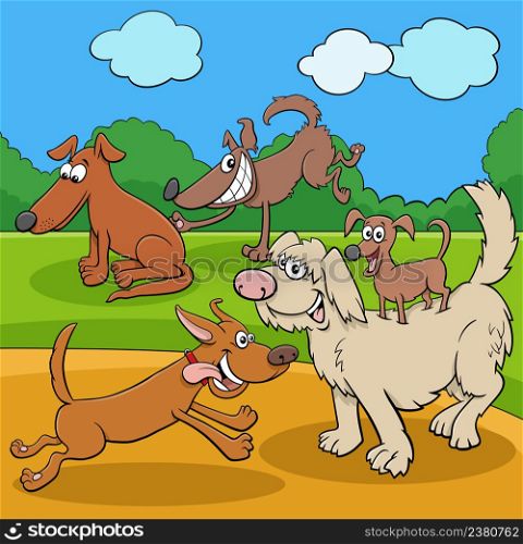 Cartoon illustration of playful dogs and puppies animal characters in a park