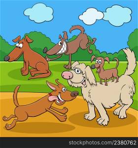 Cartoon illustration of playful dogs and puppies animal characters in a park