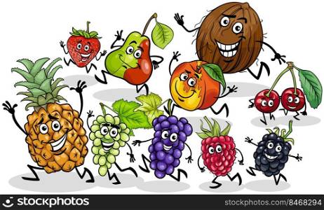 Cartoon illustration of playful fruit comic characters group