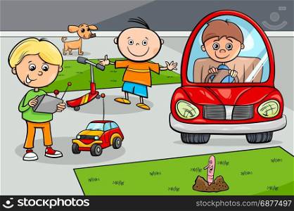 Cartoon Illustration of Playful Kid Boys Characters Group with Toys