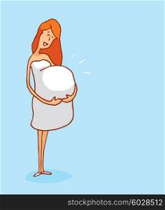 Cartoon illustration of pregnant woman or mother holding her belly