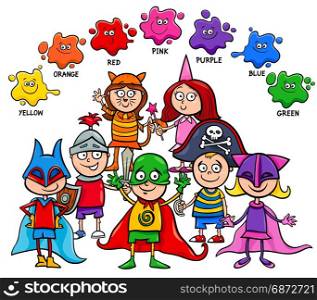 Cartoon Illustration of Primary Basic Colors Educational Activity for Children with Kid Characters at the Mask Ball