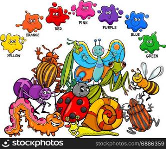 Cartoon Illustration of Primary Basic Colors Educational Page for Children with Insects Animal Characters
