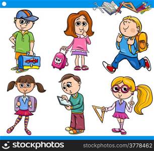 Cartoon Illustration of Primary School Students or Pupils Boys and Girls Children Characters Set
