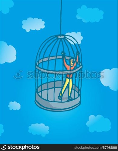 Cartoon illustration of prisoner man locked on bird cage