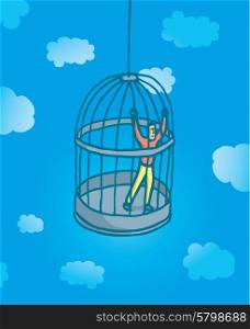Cartoon illustration of prisoner man locked on bird cage