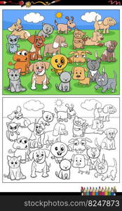 Cartoon illustration of puppies and kittens animal characters group coloring page