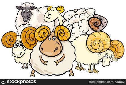 Cartoon Illustration of Ram or Sheep Farm Animal Characters
