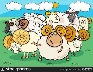 Cartoon illustration of rams or sheep farm animal characters