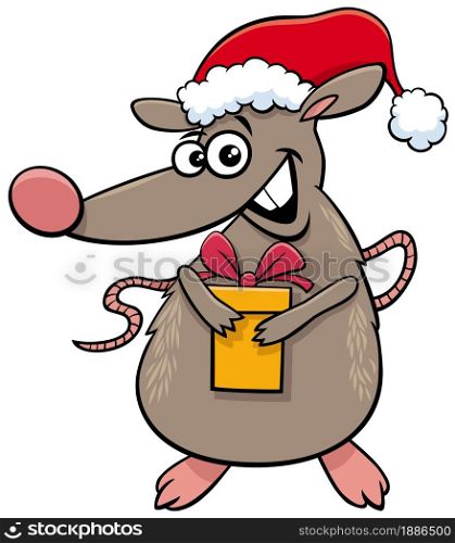 Cartoon illustration of rat animal character with present on Christmas time