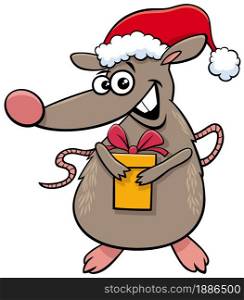 Cartoon illustration of rat animal character with present on Christmas time