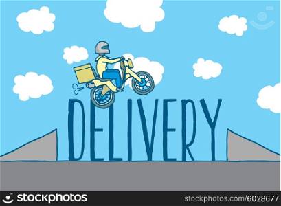 Cartoon illustration of reckless delivery boy jumping ramp on motorcycle