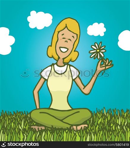 Cartoon illustration of relaxed woman enjoying nature and holding a flower
