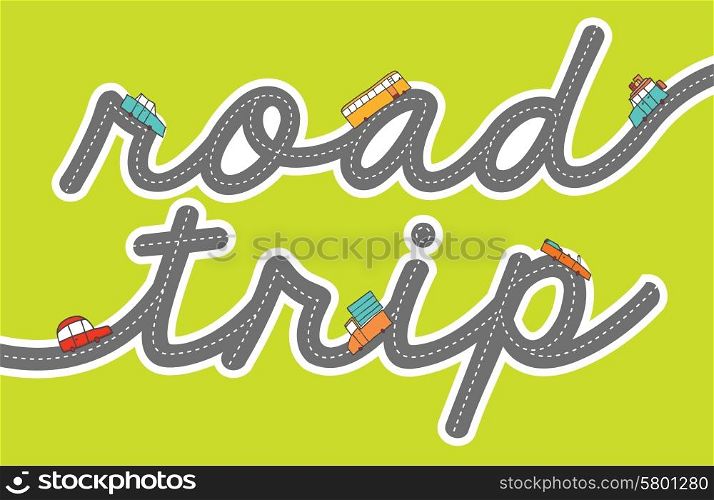 Cartoon illustration of road tip word with tiny colorful cars driving on it