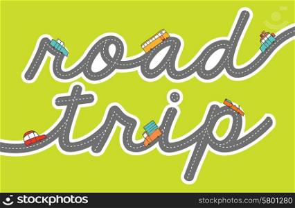Cartoon illustration of road tip word with tiny colorful cars driving on it