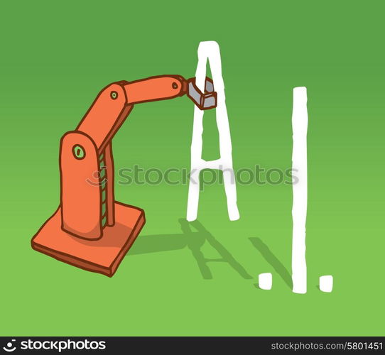 Cartoon illustration of robot arm setting artificial intelligence acronym