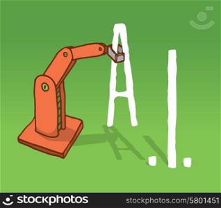 Cartoon illustration of robot arm setting artificial intelligence acronym