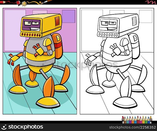 Cartoon illustration of robot fantasy comic character coloring book page