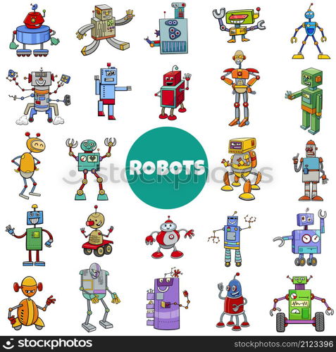 Cartoon illustration of robots and androids fantasy characters big set