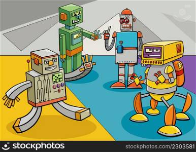Cartoon illustration of robots comic characters group