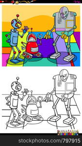 Cartoon Illustration of Robots Fantasy Characters Coloring Book Activity