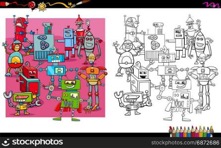 Cartoon Illustration of Robots Fantasy Characters Group Coloring Book Activity