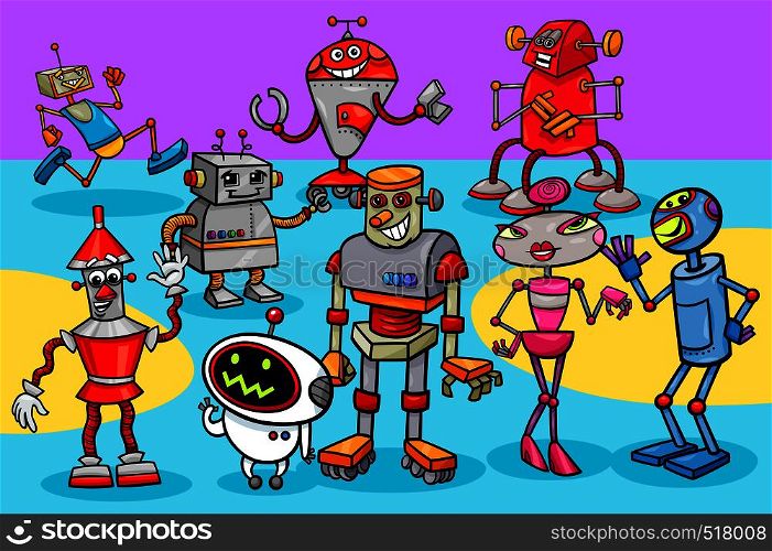 Cartoon Illustration of Robots Fantasy or Science Fiction Characters Group