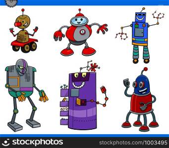 Cartoon Illustration of Robots or Droids Science Fiction Fantasy Characters Set