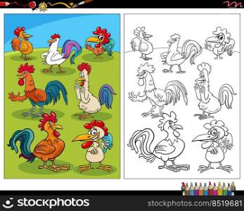 Cartoon illustration of roosters birds farm animal characters coloring page