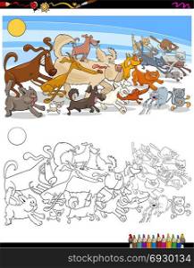 Cartoon Illustration of Running Cats and Dogs Animal Characters Group Coloring Book Activity