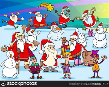 Cartoon Illustration of Santa Claus and Christmas Characters Group