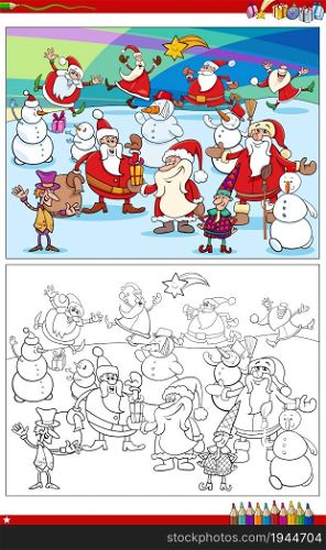 Cartoon illustration of Santa Claus and Christmas characters group coloring book page