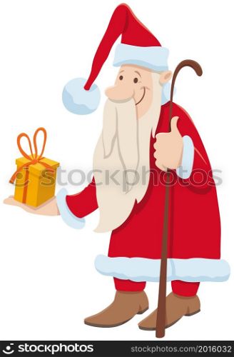 Cartoon illustration of Santa Claus character giving a present on Christmas time