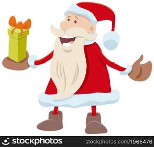 Cartoon illustration of Santa Claus character with present on Christmas time