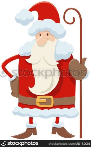 Cartoon illustration of Santa Claus character with present on Christmas time