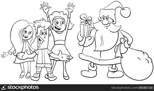 Cartoon illustration of Santa Claus character with sack of presents and children on Christmas time
