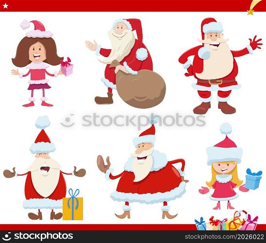 Cartoon illustration of Santa Claus characters on Christmas time set