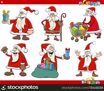 Cartoon illustration of Santa Claus characters set on Christmas time
