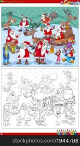 Cartoon illustration of Santa Claus characters with children on Christmas time coloring book page
