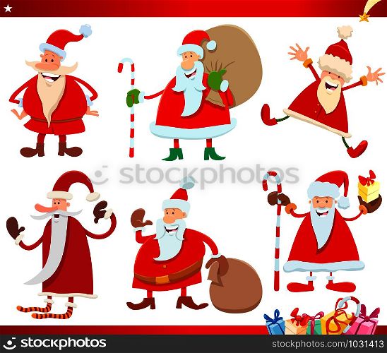Cartoon Illustration of Santa Claus Characters with Christmas Presents Set