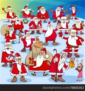 Cartoon illustration of Santa Claus comic characters big group on Christmas time
