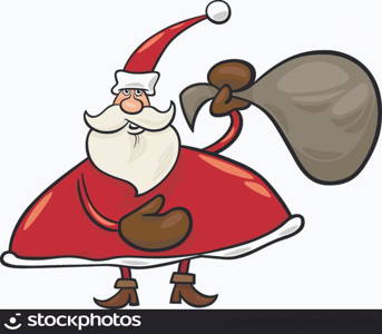 Cartoon Illustration of Santa Claus or Papa Noel with Presents in Sack for Christmas