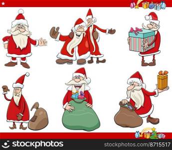 Cartoon illustration of Santa Clauses characters set on Christmas time