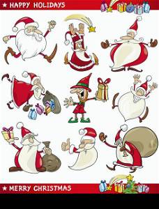 Cartoon Illustration of Santa Clauses, Christmas Elf and other Themes set