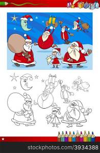 Cartoon Illustration of Santa Clauses Group on Christmas Time for Coloring Book